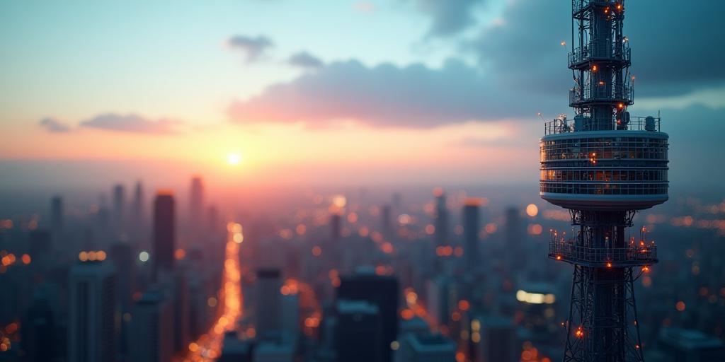 Modern telecommunications tower and dynamic cityscape