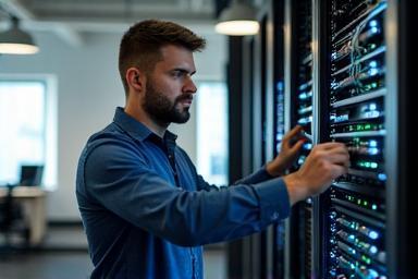 Engineer installing business connectivity hardware