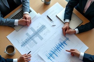 Consultants reviewing telecommunication blueprints