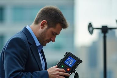 Technician using mobile signal testing device
